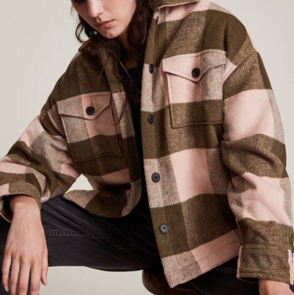 AllSaints Plaid Fleece Shacket XS Oversized Jacket Chore Coat Designer $369 NEW